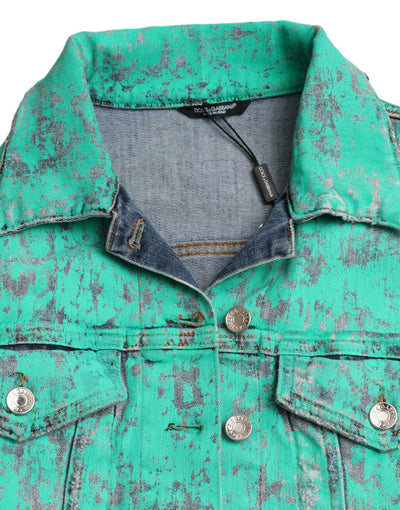 Green Cotton Tie Dye Cropped Cropped Denim Jacket