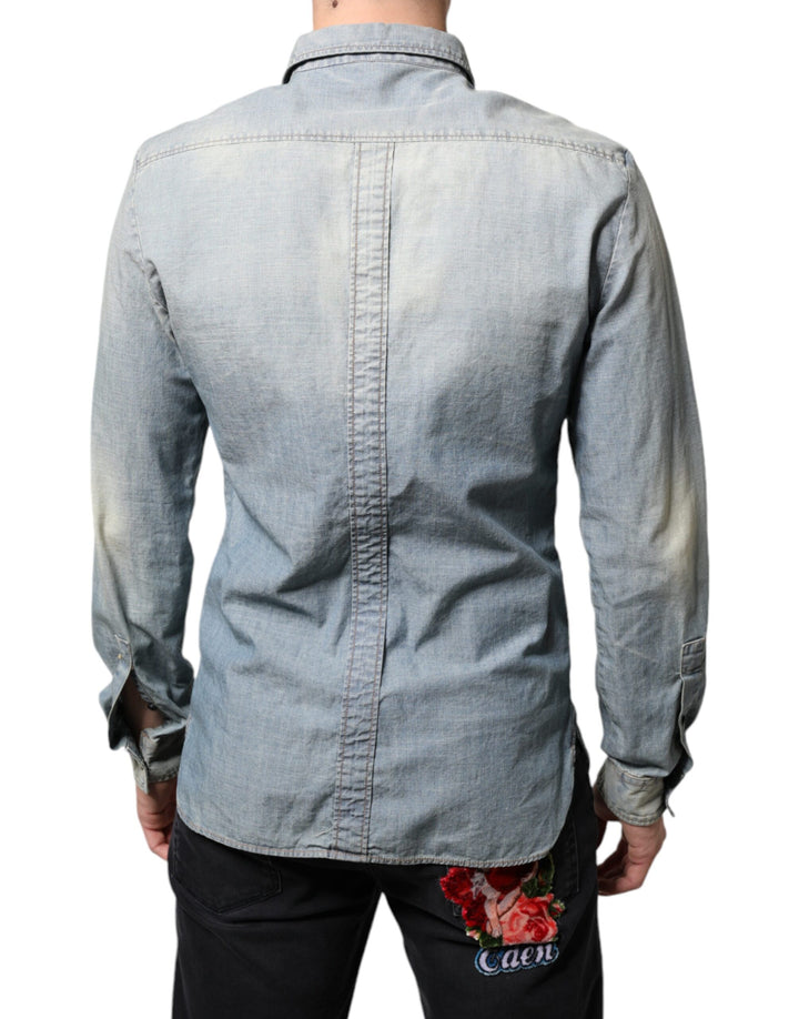 Light Blue Printed Cotton Denim Long Sleeves Shirt