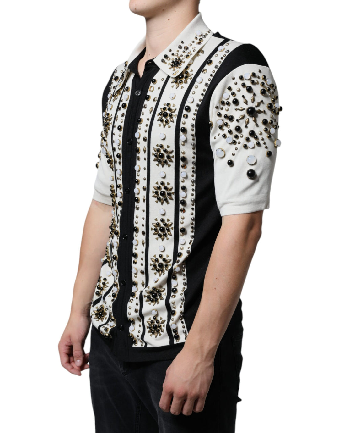 White Black Silk Studded Stone Crystal Shirt