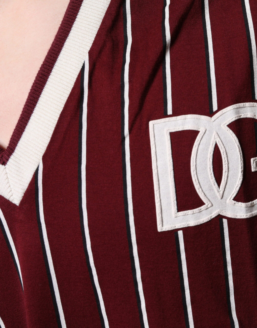 Maroon Stripes Cotton Logo V-neck T-shirt