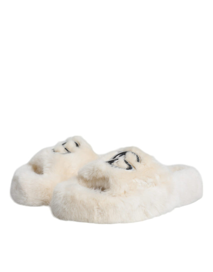 Beige Faux Fur Slides Flats Sandals Shoes