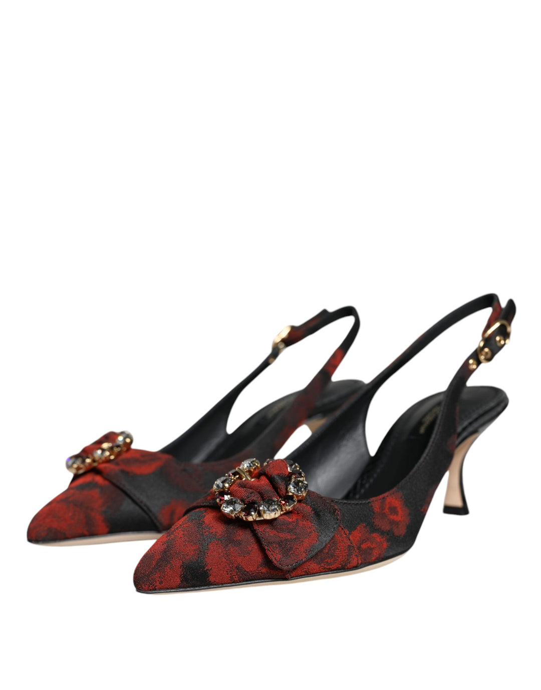 Black Red Floral Crystal Heel Slingback Shoes