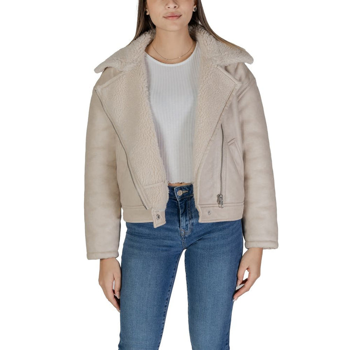 Beige Synthetic Leather Jackets & Coat