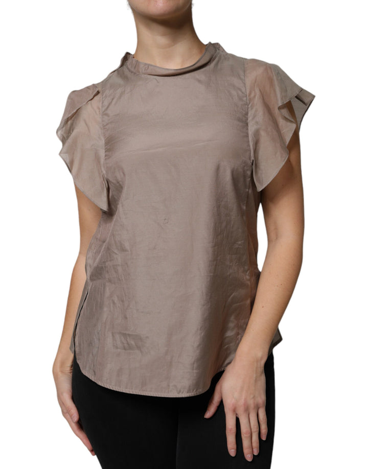 Brown Cotton Blend Short Sleeves Blouse Top