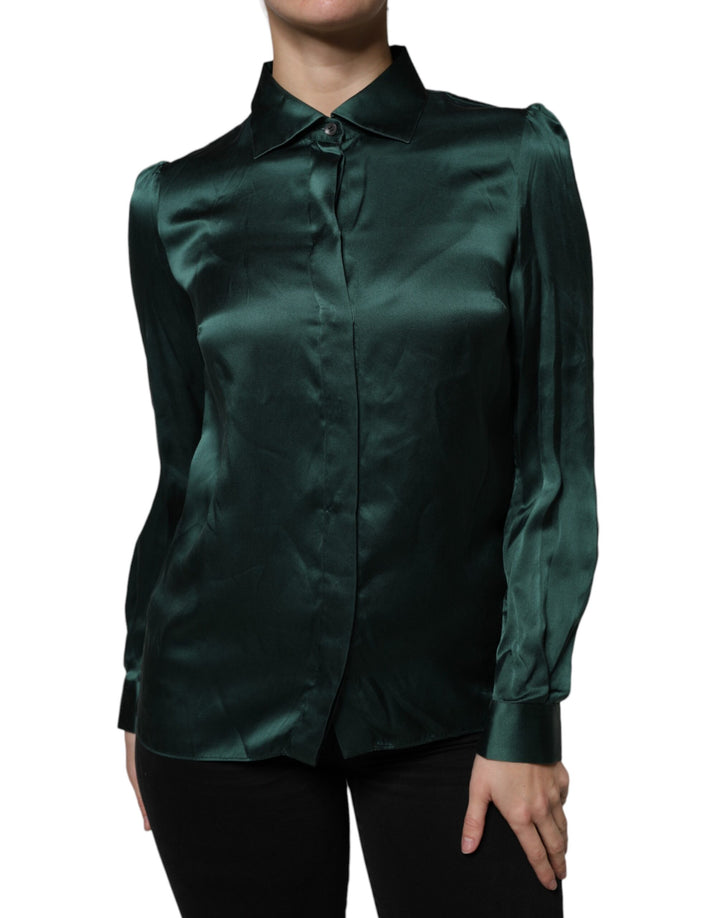 Dark Green Silk Button Down Long Sleeves Blouse Top