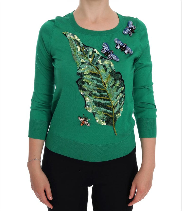 Dolce & Gabbana Embellished Green Silk Pullover Sweater