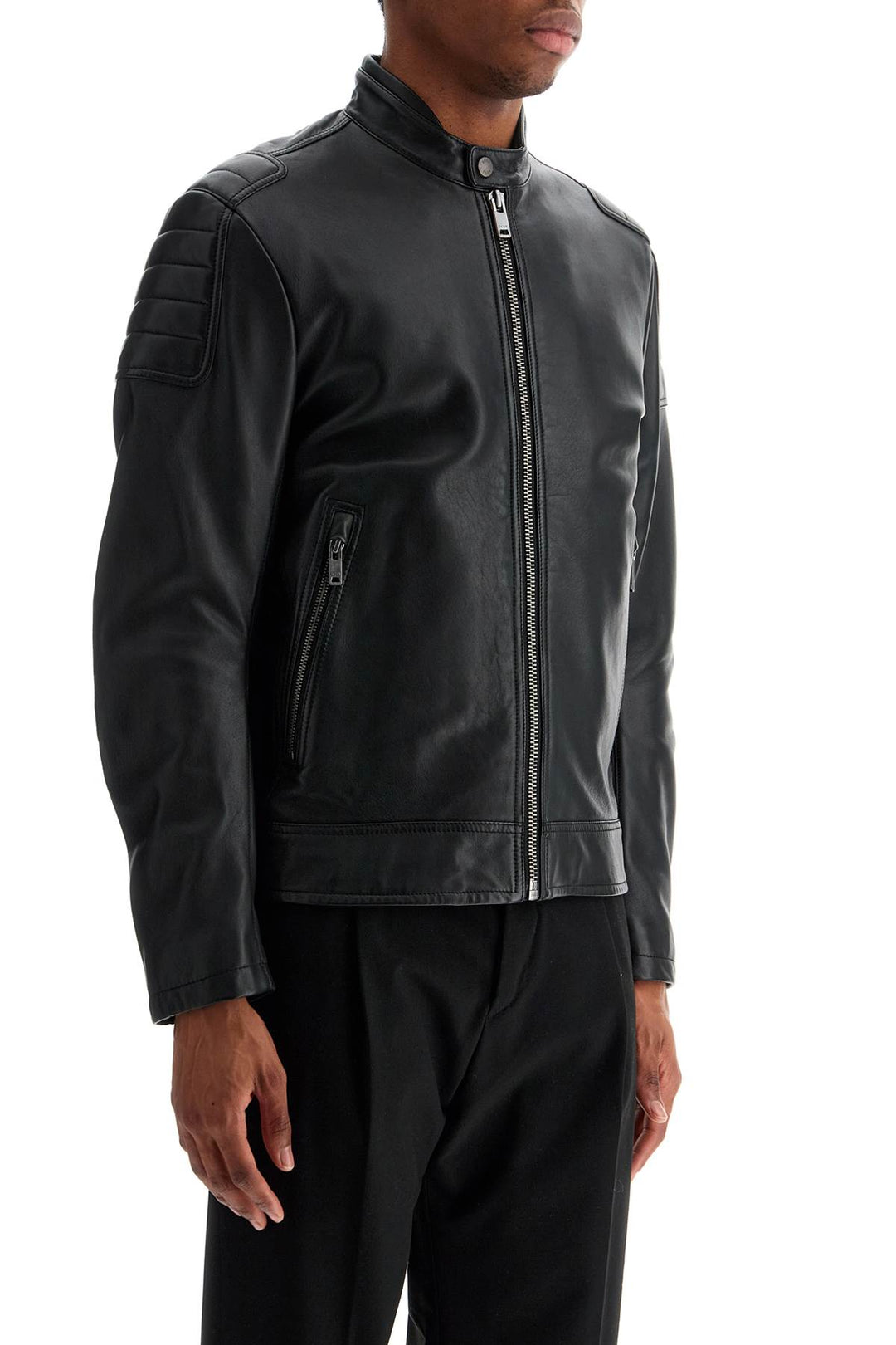 black leather jacket with high collar and quilted details-1