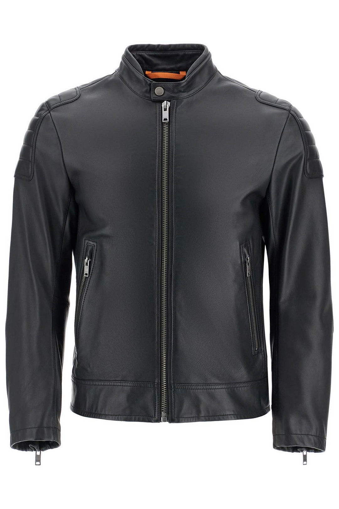 black leather jacket with high collar and quilted details-0