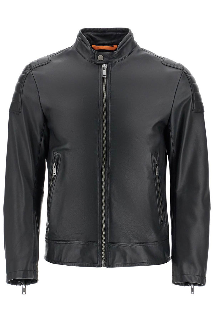 black leather jacket with high collar and quilted details-0