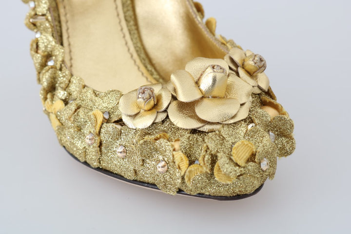 Gold Floral Crystal Embellished Pumps