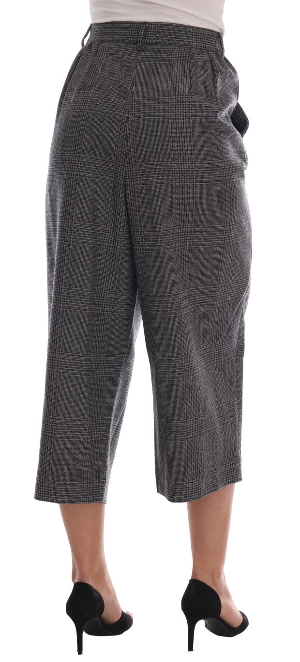 Elegant Gray Check Capri Wool Pants