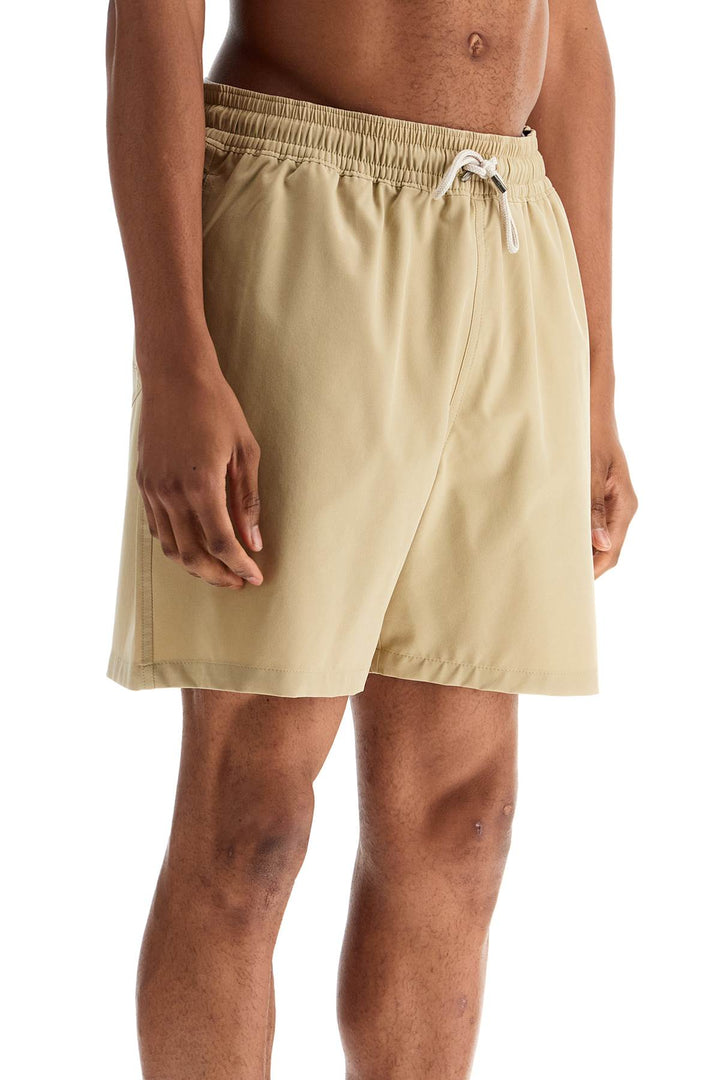 beige solid color mid-trunk swim trunks in recycled polyester with pocket-1