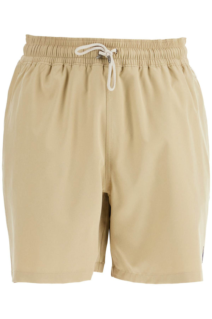 beige solid color mid-trunk swim trunks in recycled polyester with pocket-0