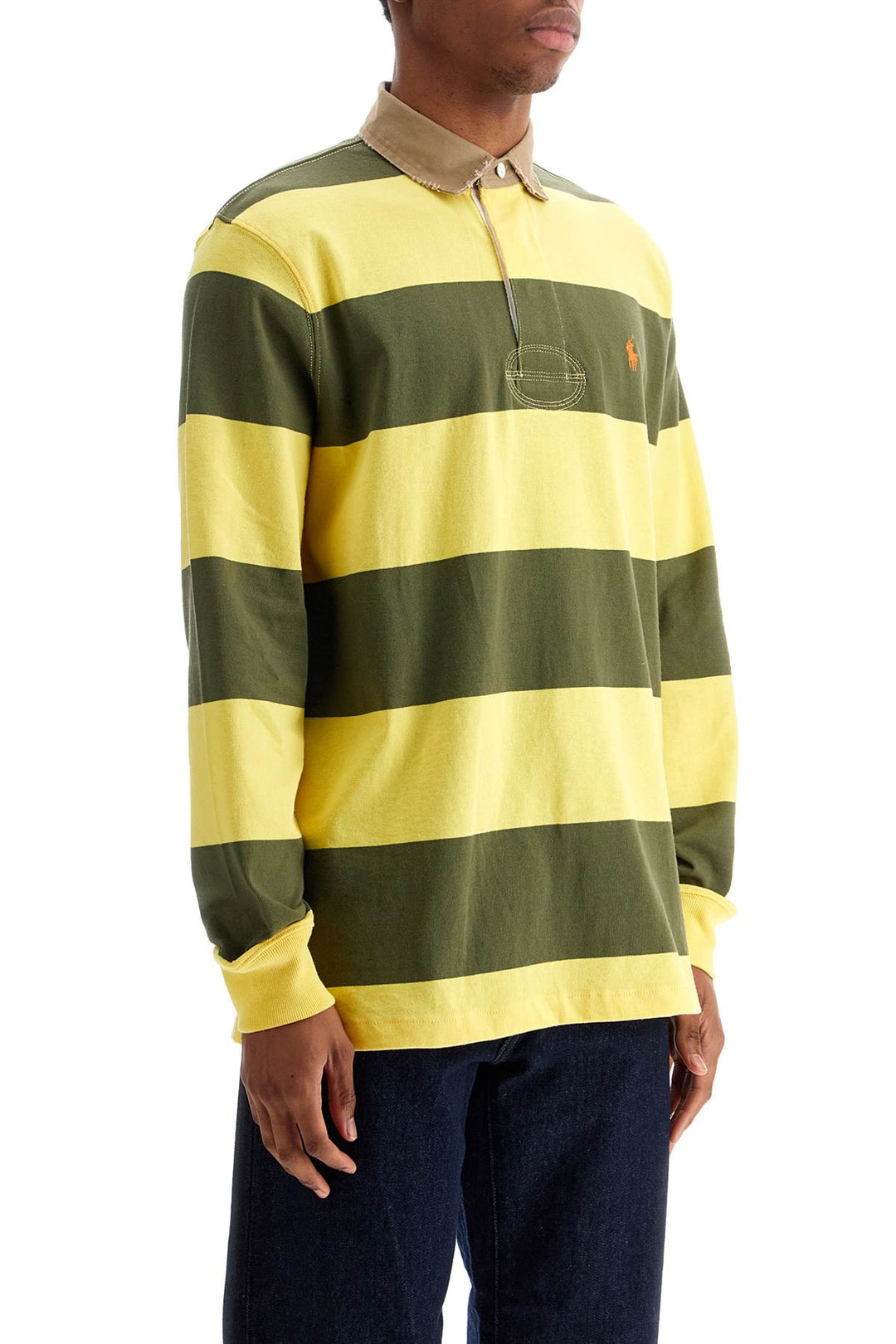 olive green and yellow striped cotton polo-1