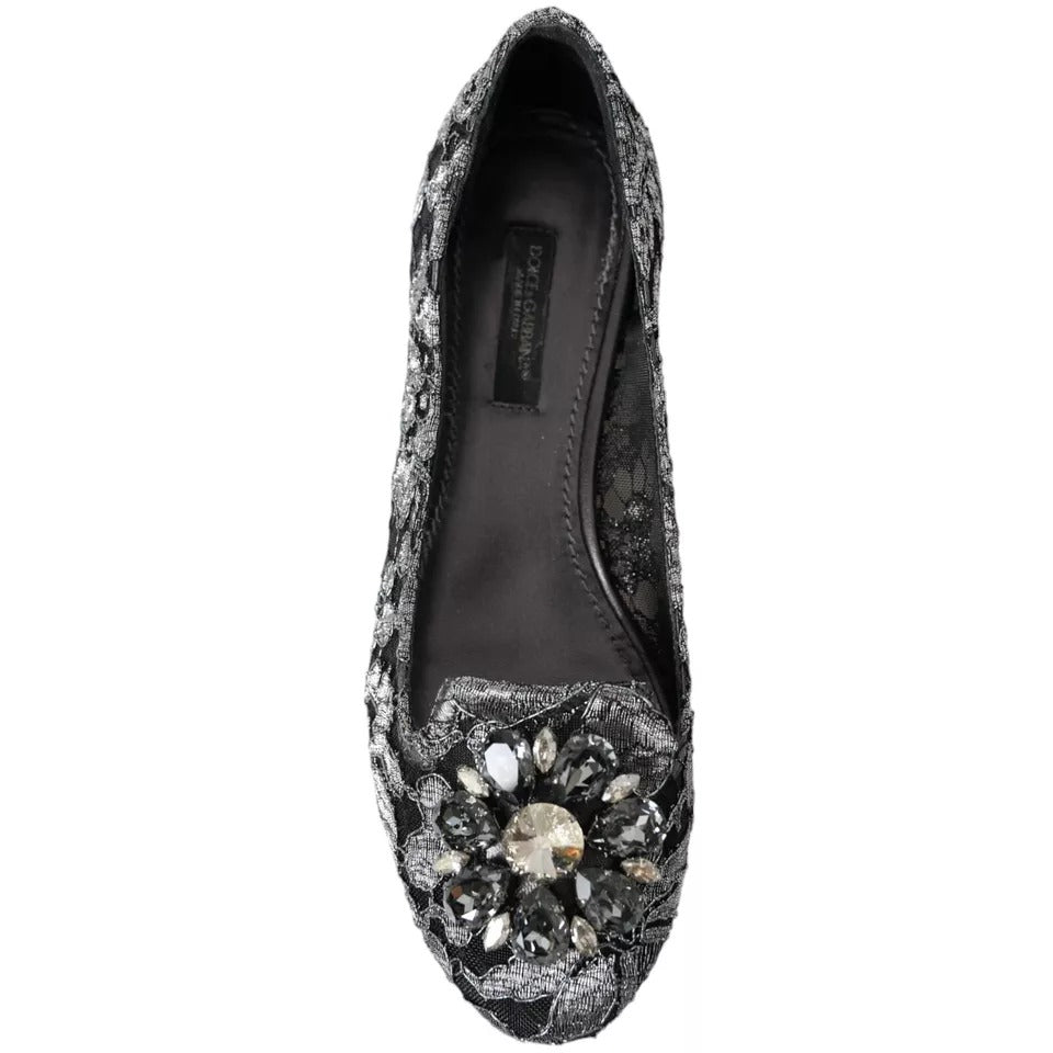 Gray Black Lace Crystal Ballet Loafers Shoes