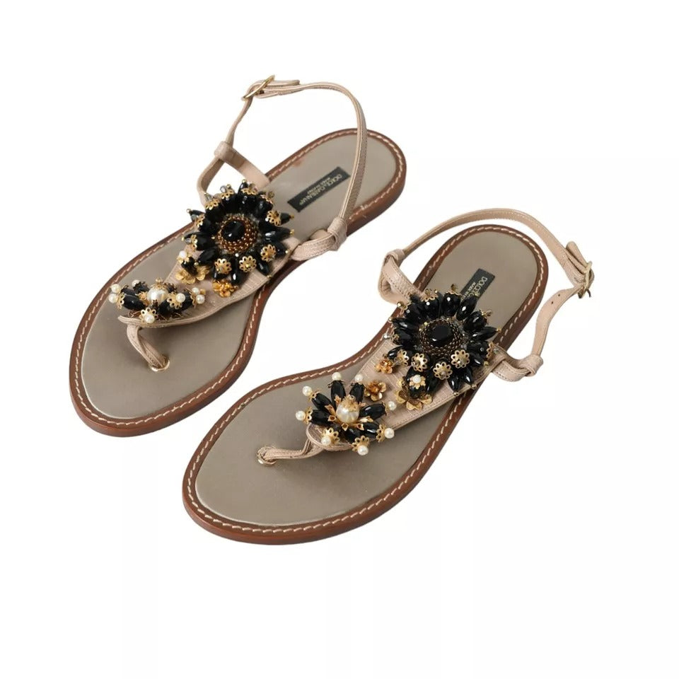 Beige Satin Gold Beaded Flats Slides Sandals Shoes