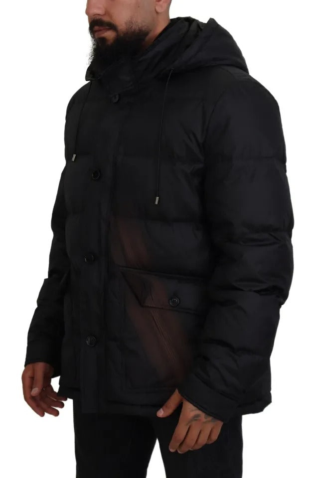 Black Polyester Hooded Parka Coat Winter Jacket