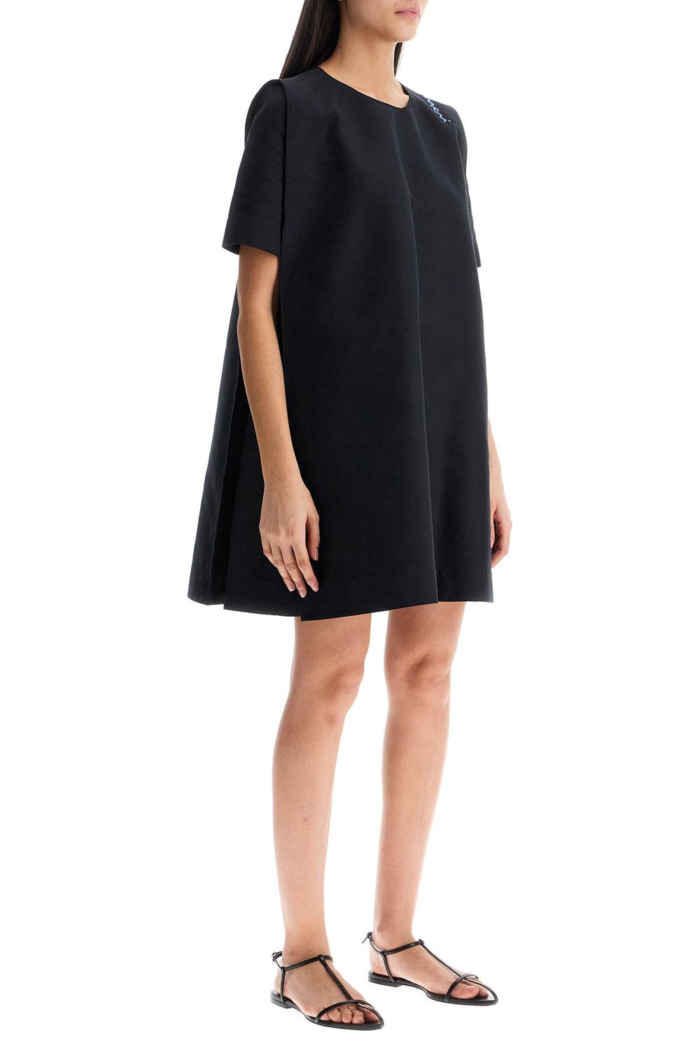 loose dress with wide neckline black cotton short sleeve-1