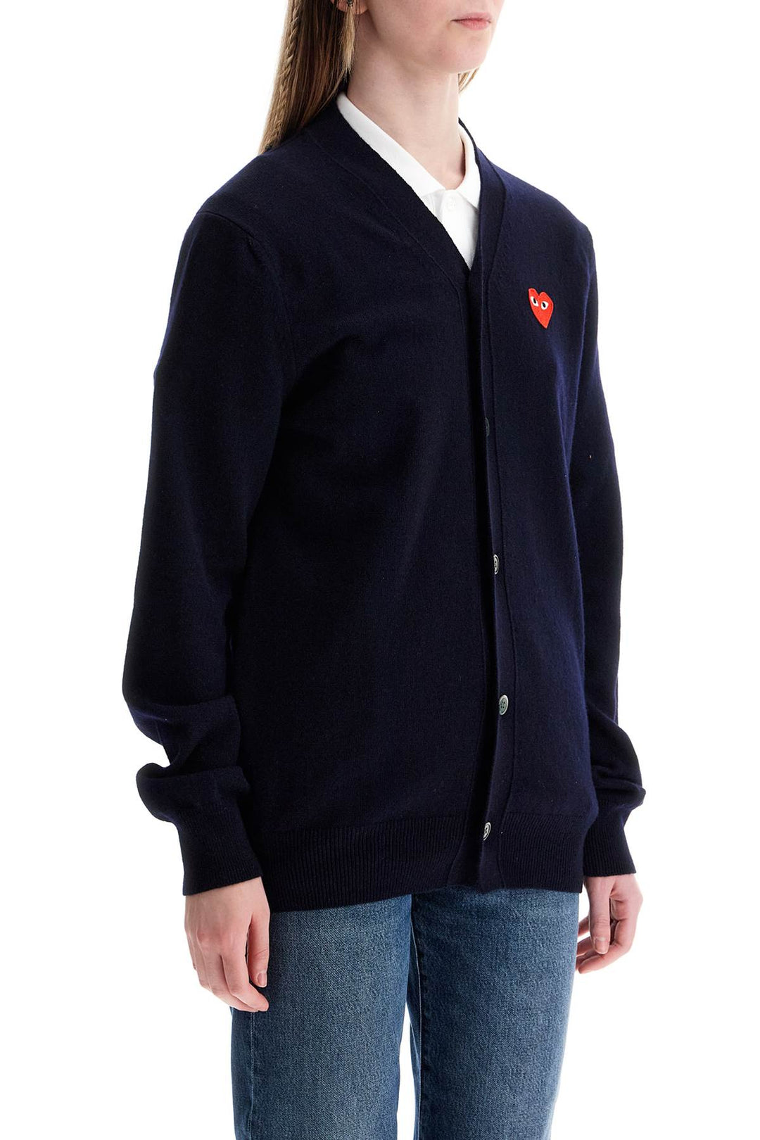 navy blue wool cardigan with embroidered red heart unisex-1