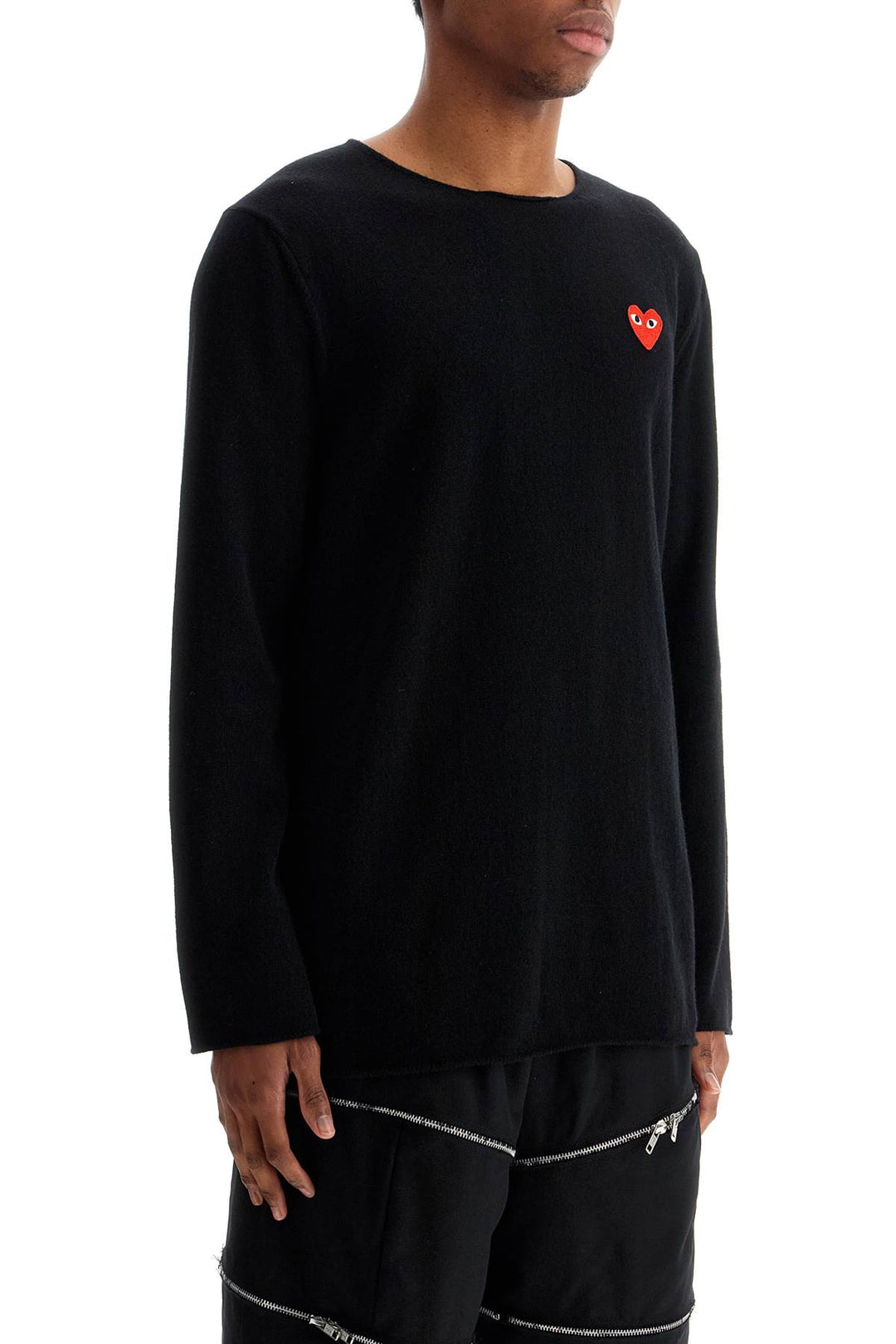 black wool sweater with red heart logo and wide neck-2