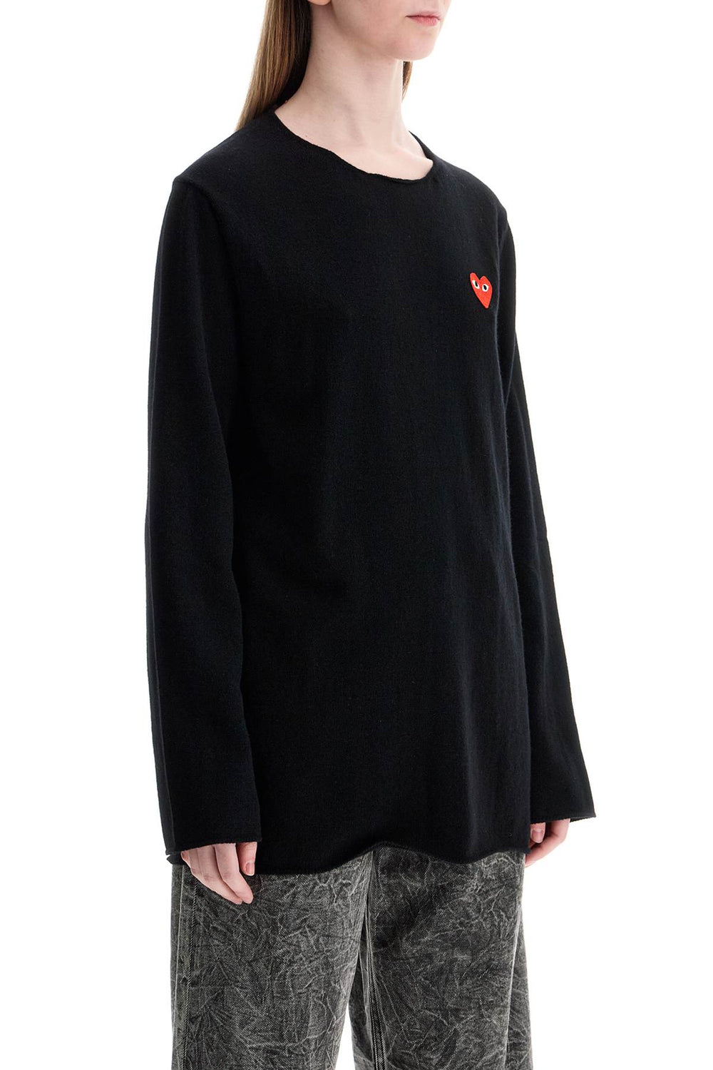 black wool sweater with red heart logo and wide neck-1