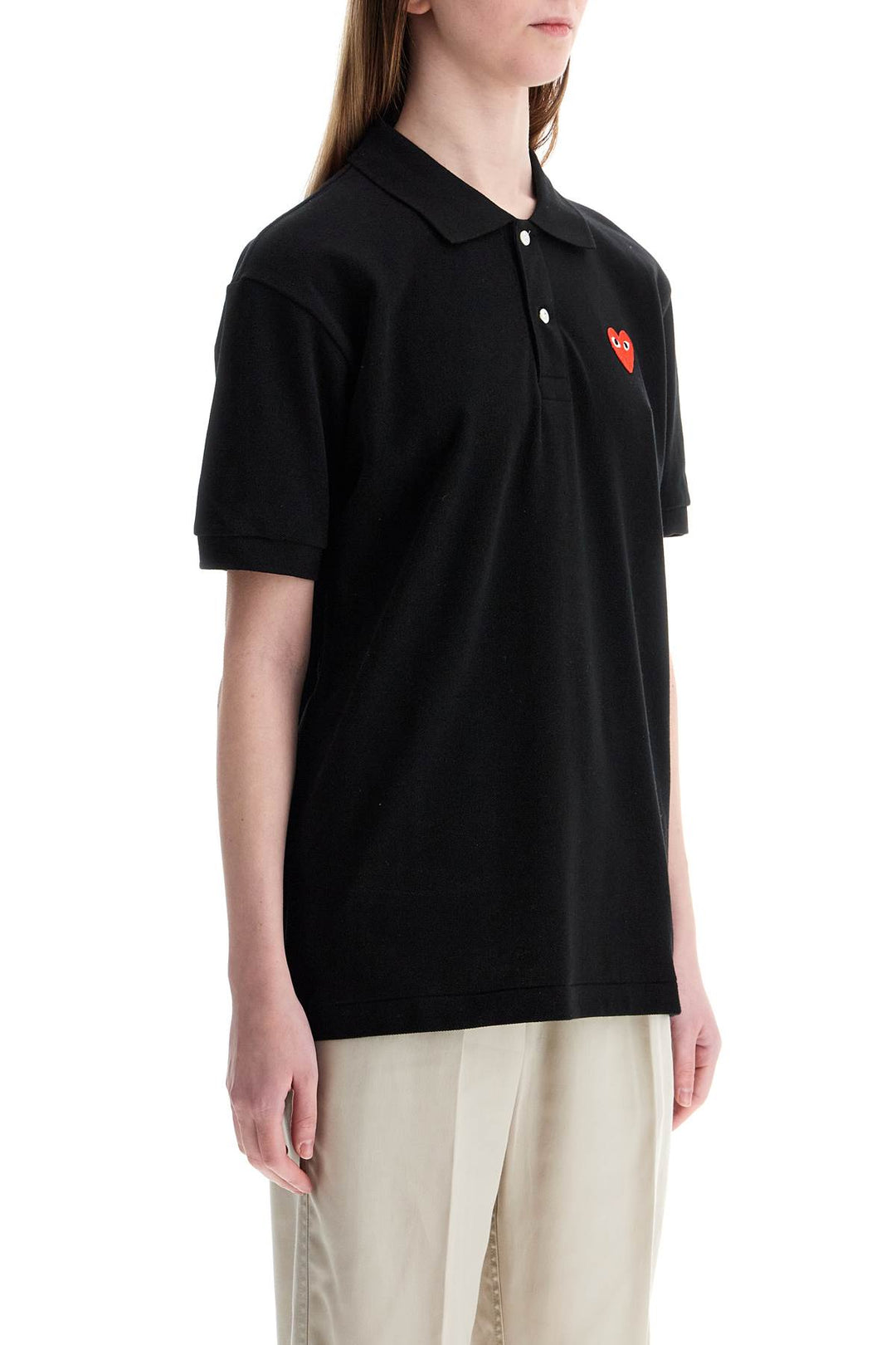 polo unisex in cotone nero con logo cuore rosso-1