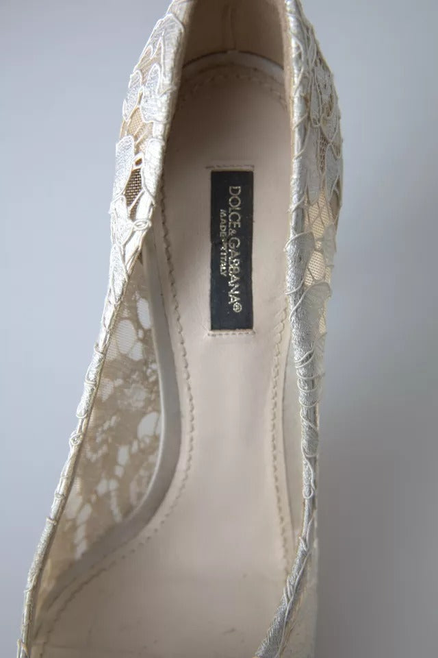 White Taormina Lace Crystal Heels Pumps Shoes