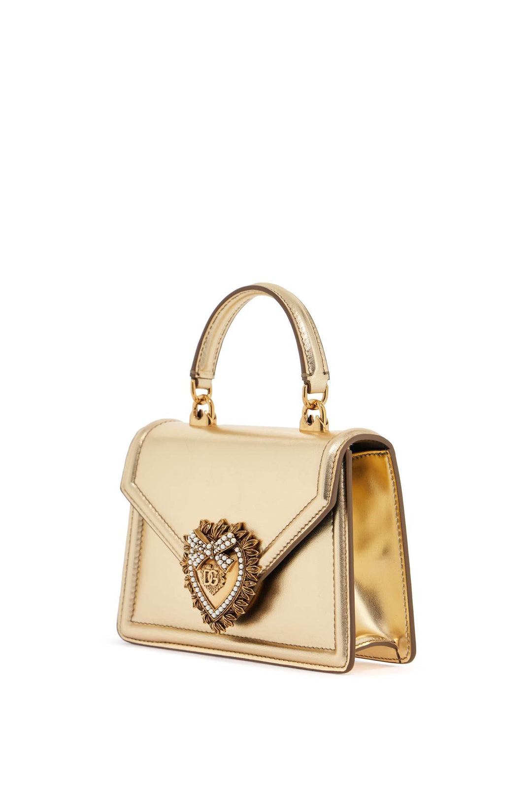 gold nappa shoulder bag with crystal heart and chain strap-2