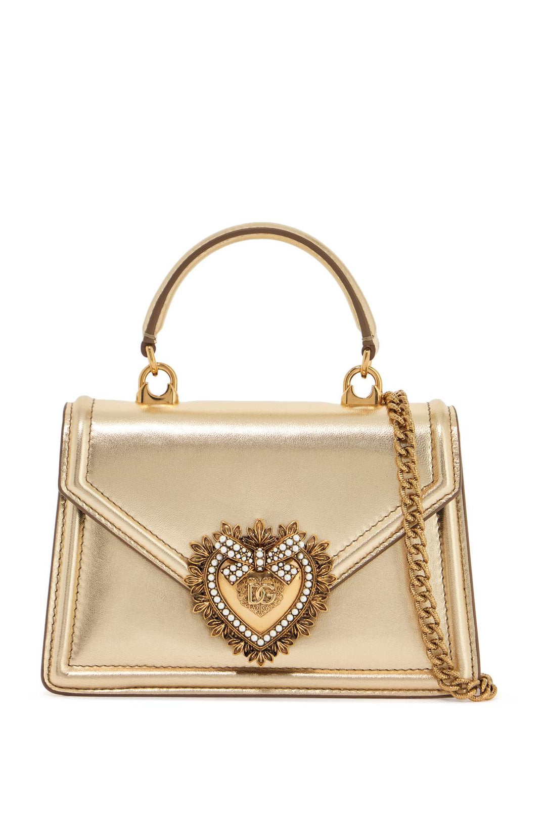 gold nappa shoulder bag with crystal heart and chain strap-0