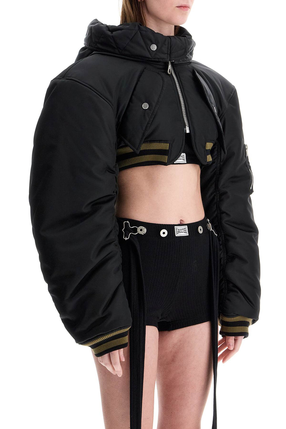 cropped black nylon padded bomber jacket with hood-1