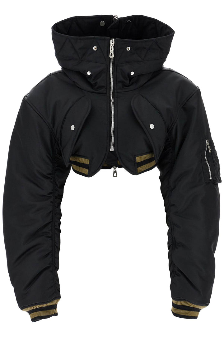 cropped black nylon padded bomber jacket with hood-0