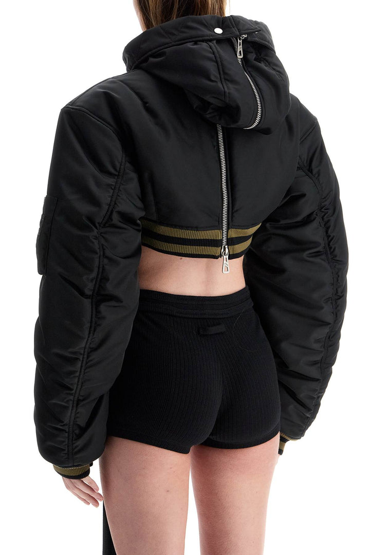 cropped black nylon padded bomber jacket with hood-2