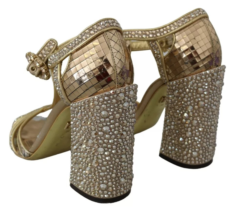 Gold Crystals T-strap Sandals Leather Shoes