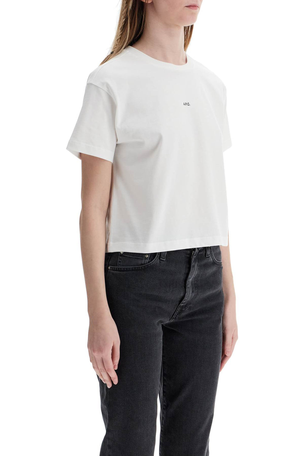 women's organic cotton white boxy cropped t-shirt with micro embroidered logo gots-1