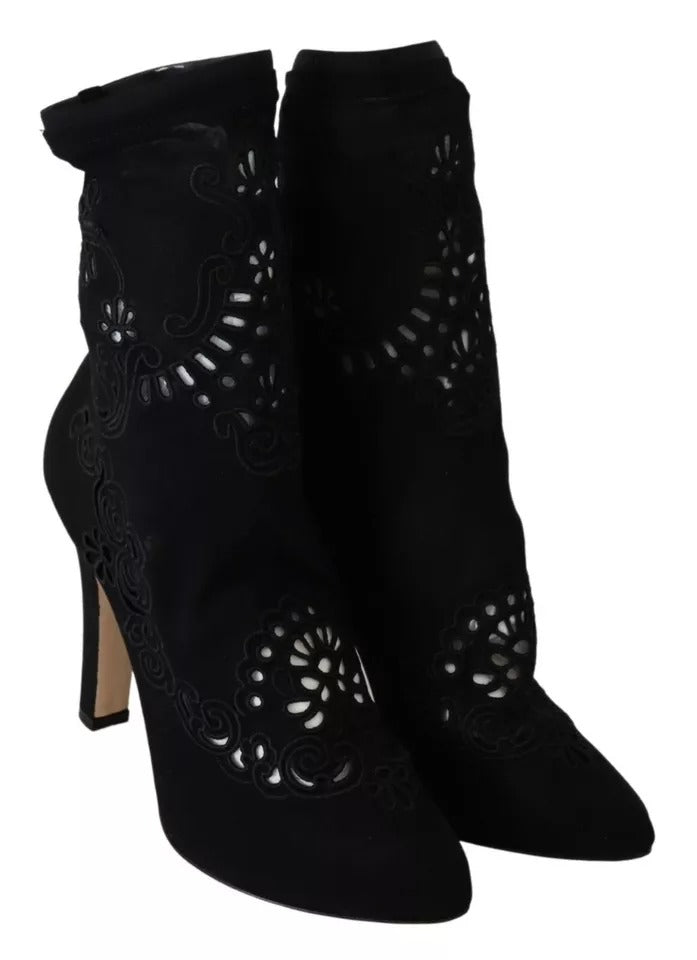 Black Stretch Pumps Boots Floral Lace Shoes