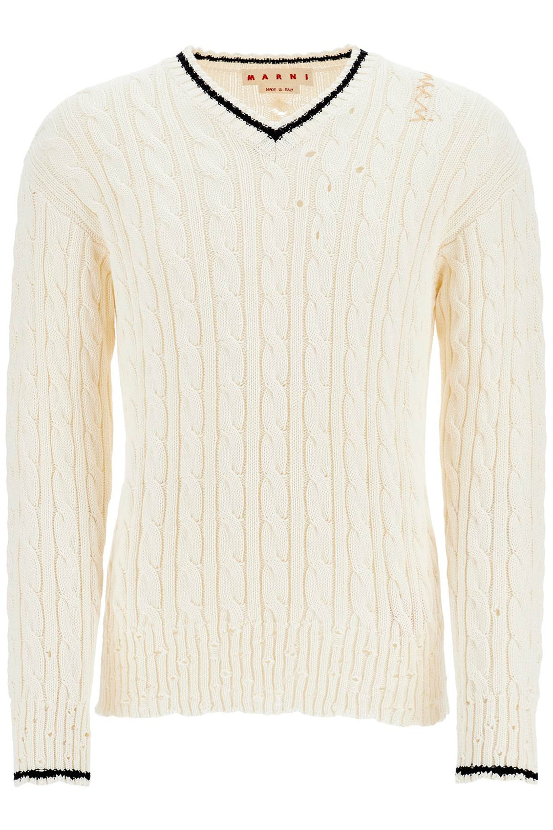 white cotton sweater with cable knit v-neck-0