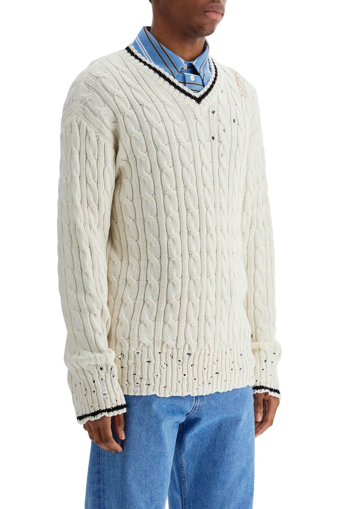 white cotton sweater with cable knit v-neck-1