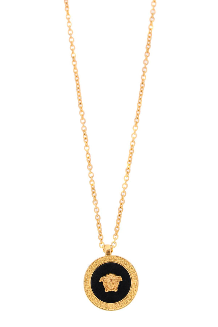 men's necklace with round logo in gold metal and black resin-1