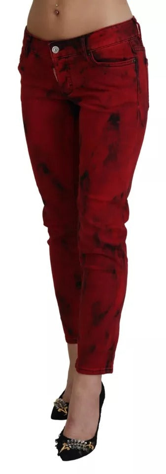 Red Low Waist Cotton Stretch Skinny Pants