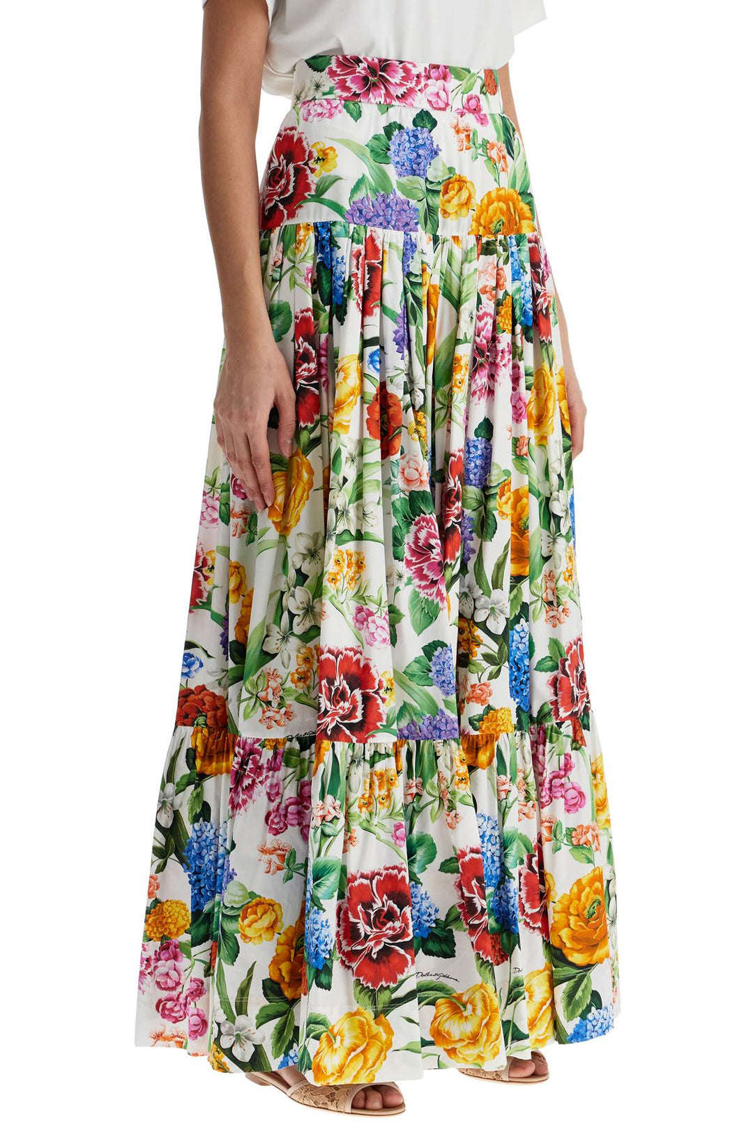 maxi skirt with high waist in white cotton floral for spring summer-1