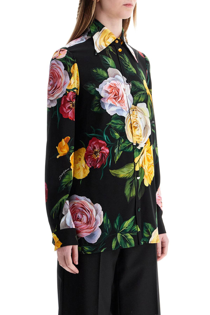 black silk shirt with multicolored roses and yellow buttons-1