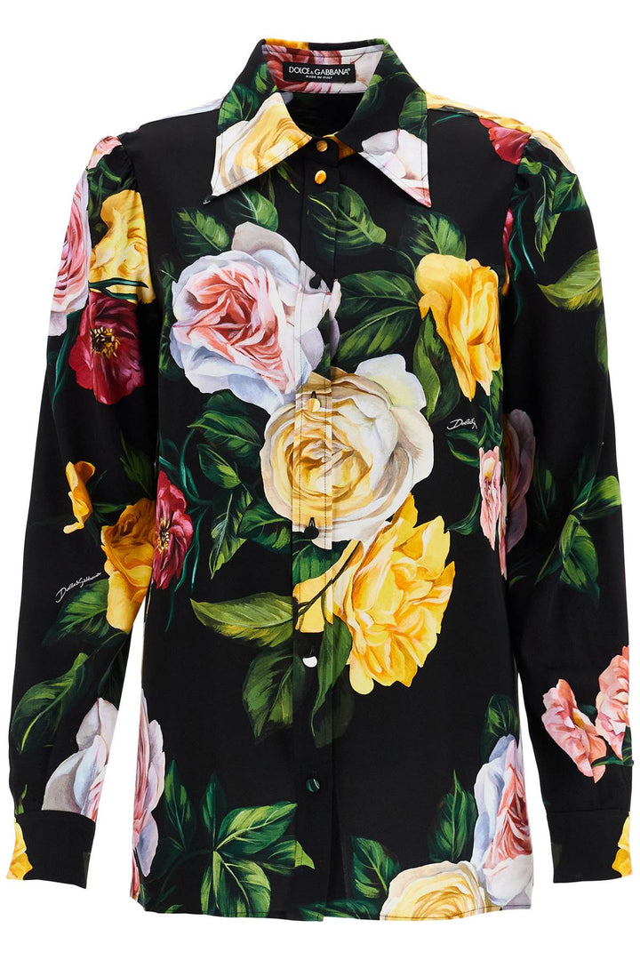 black silk shirt with multicolored roses and yellow buttons-0