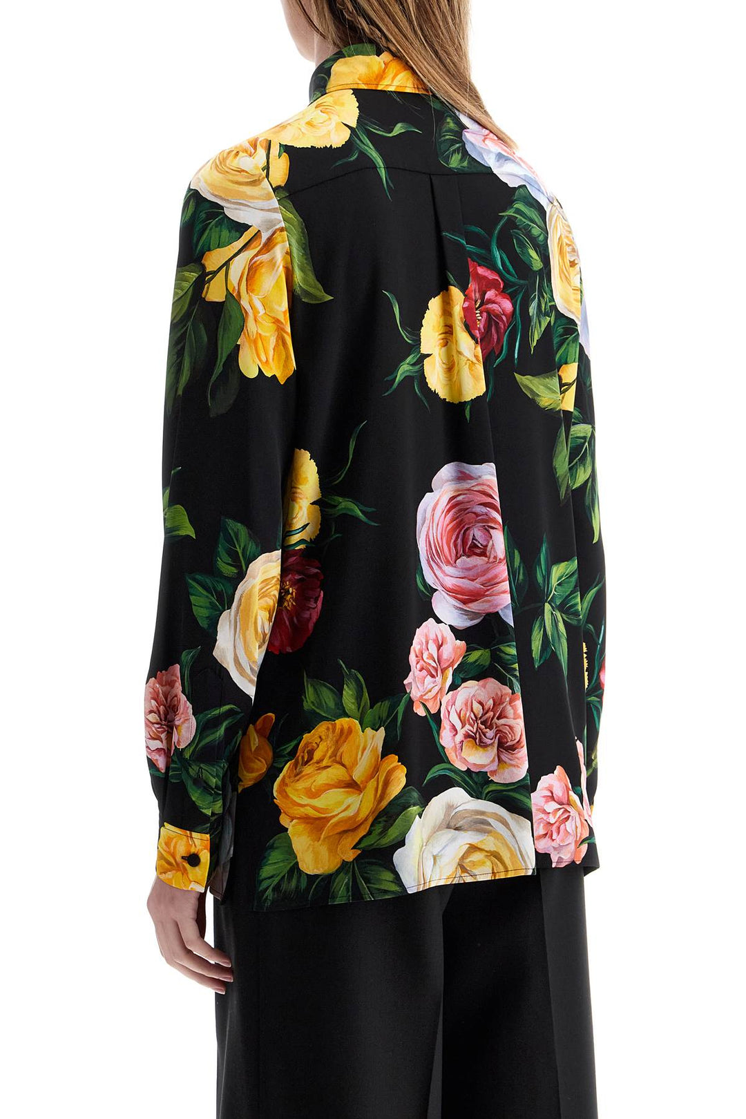 black silk shirt with multicolored roses and yellow buttons-2