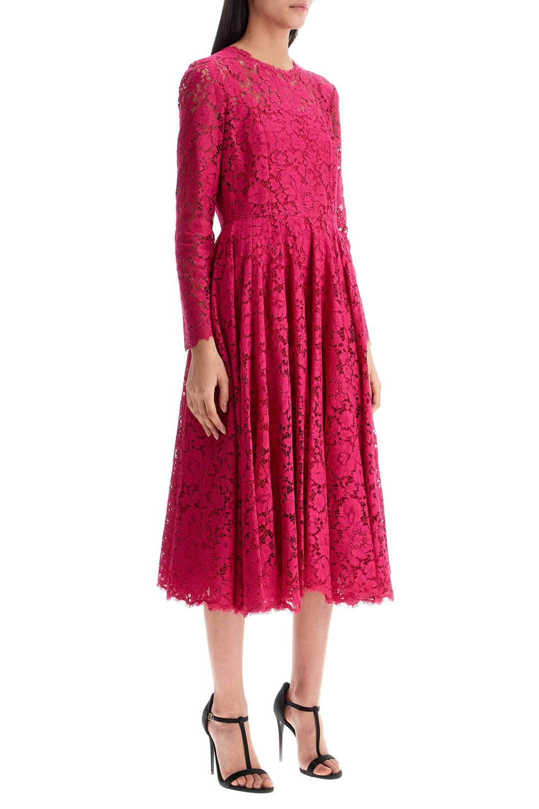 shocking pink floral lace midi dress-1