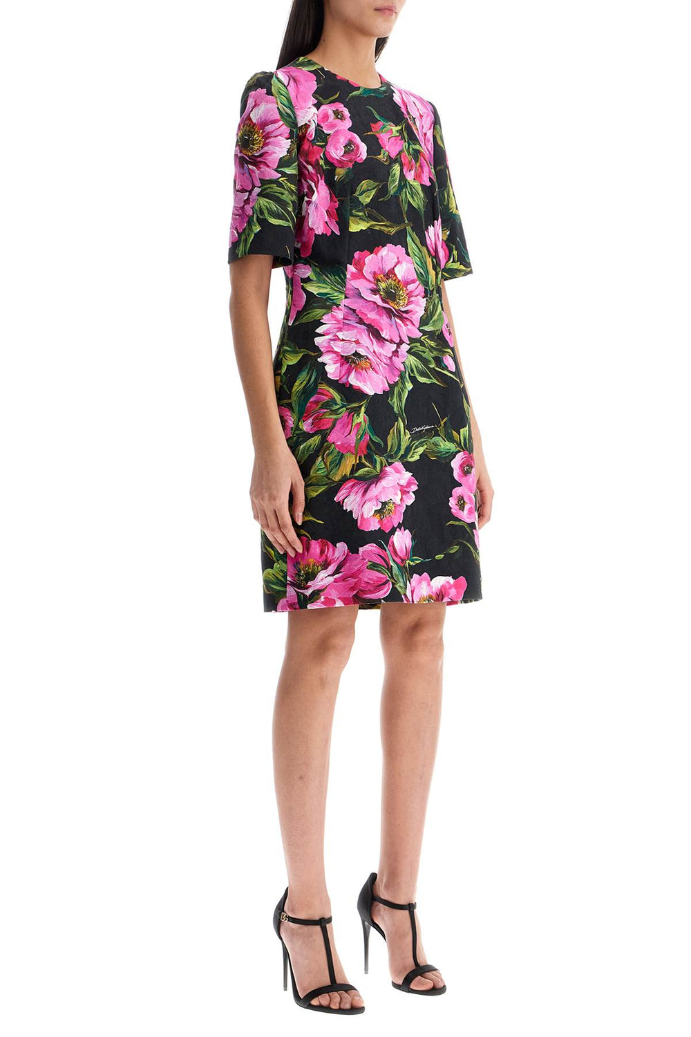 black floral cotton dress with peonies-1