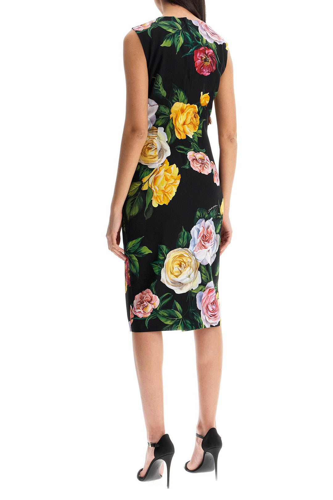 elegant black floral silk dress knee-length-2