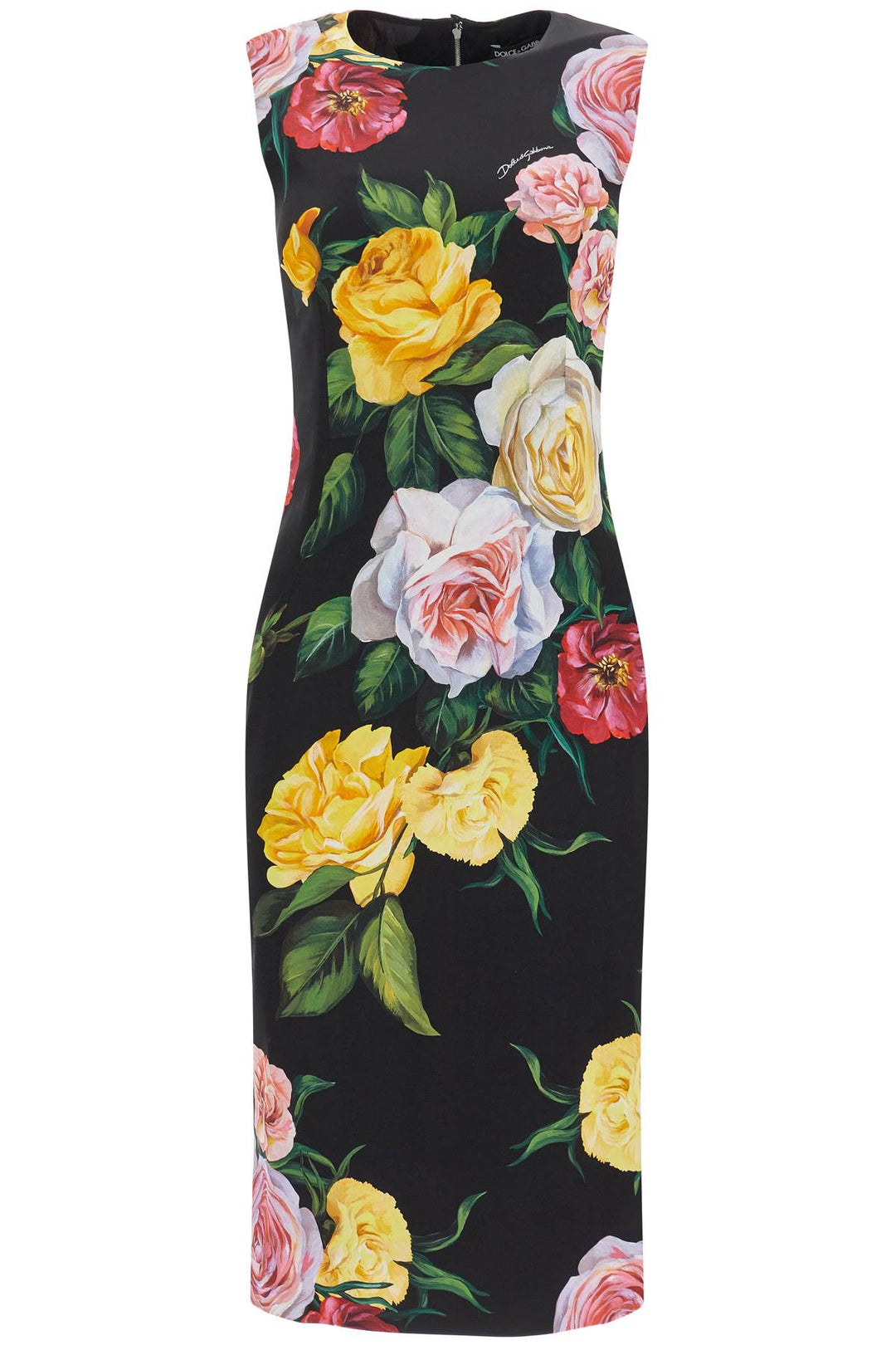 elegant black floral silk dress knee-length-0