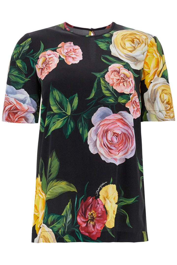 black silk t-shirt with floral print-0