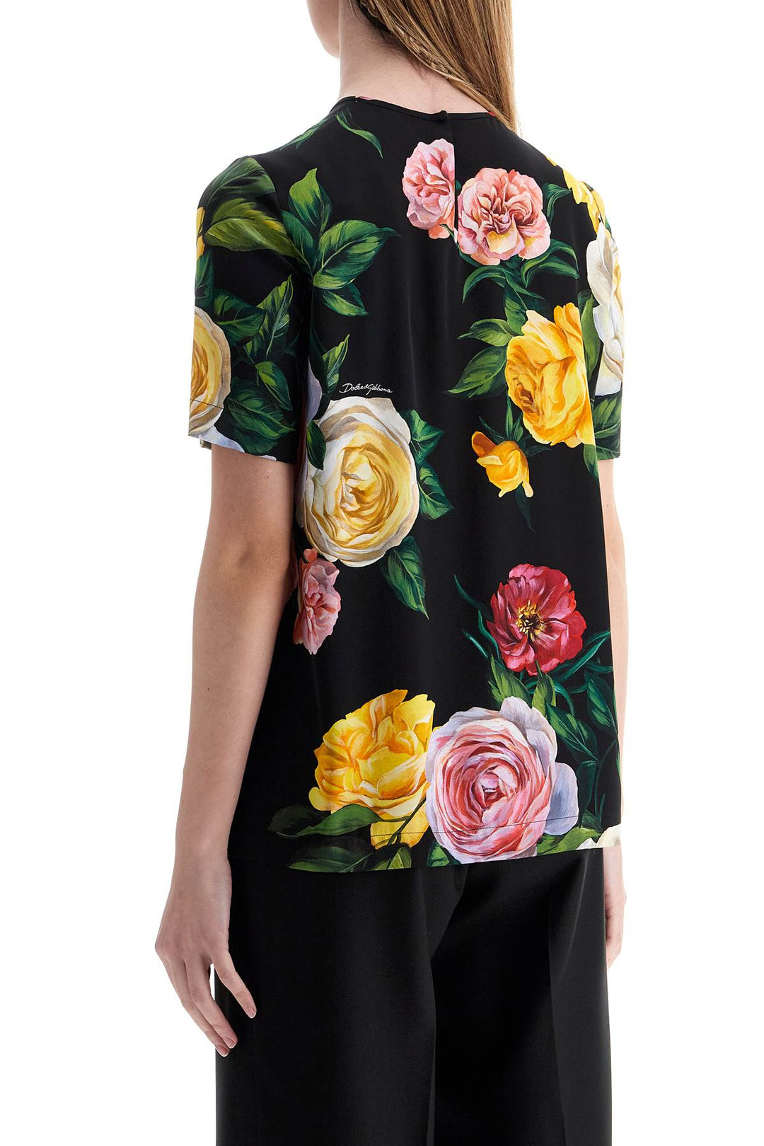 black silk t-shirt with floral print-2