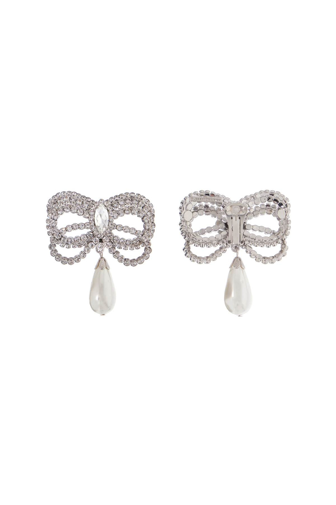 hypoallergenic brass earrings in silver with bow and drop pearl-1